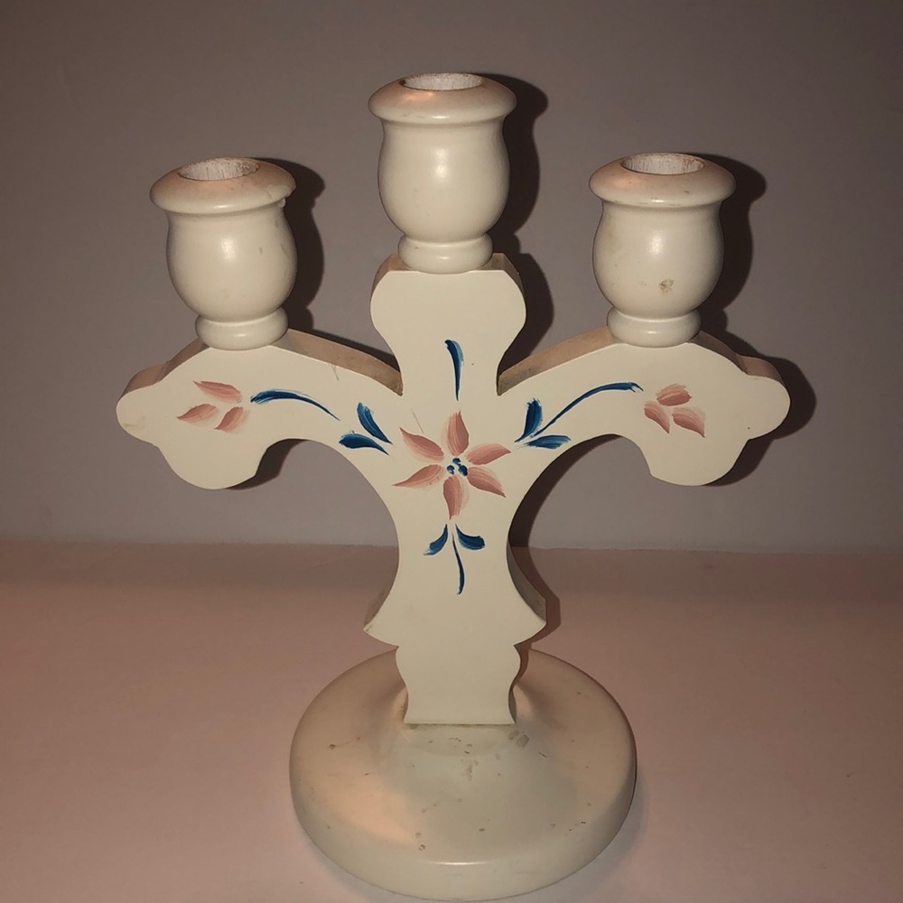 Vintage Swedish Advent Candle Holder Hand Painted Wood Floral